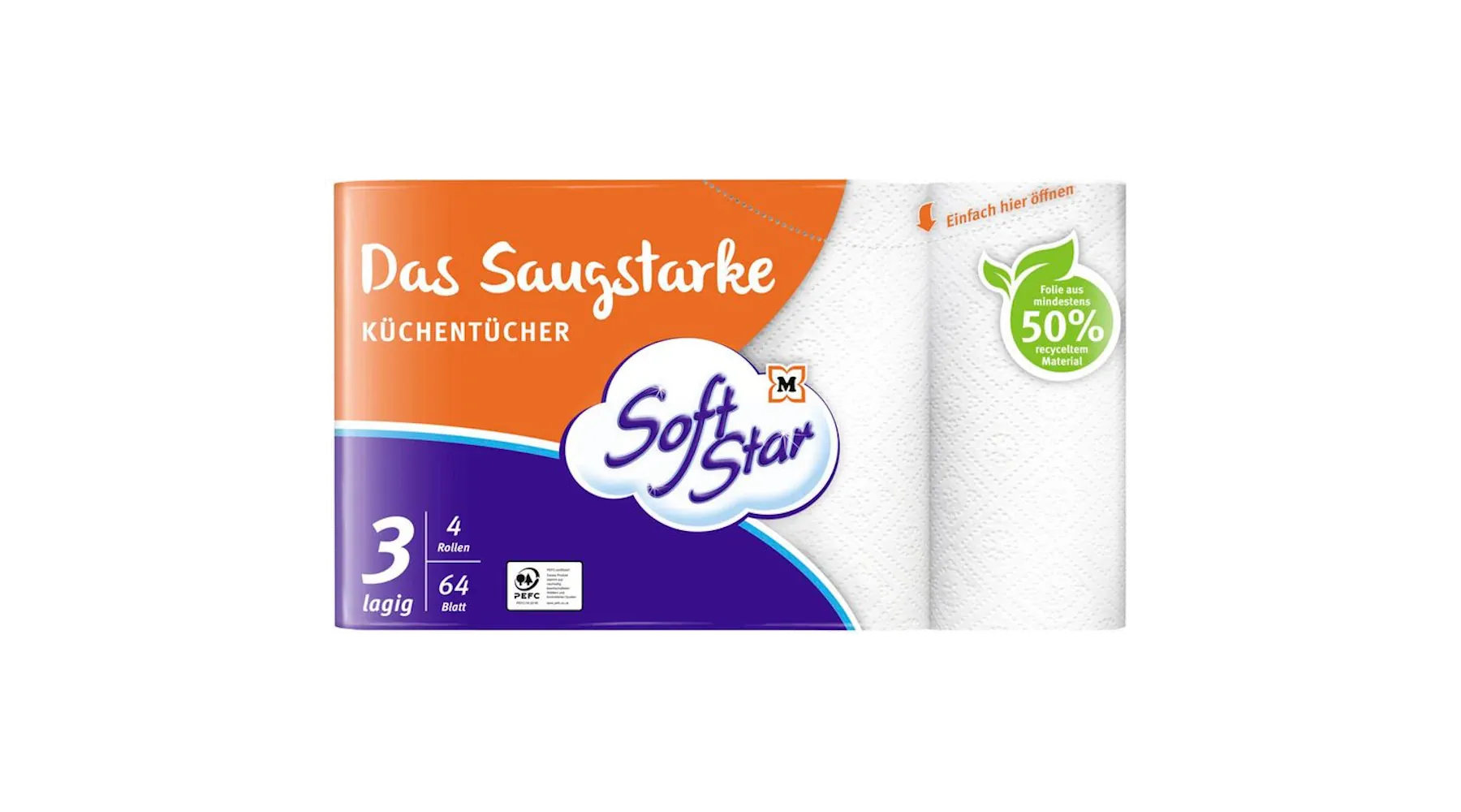 SOFTSTAR Küchenrollen "Das Saugstarke" 3- lagig weiß 4 Rollen/Pack