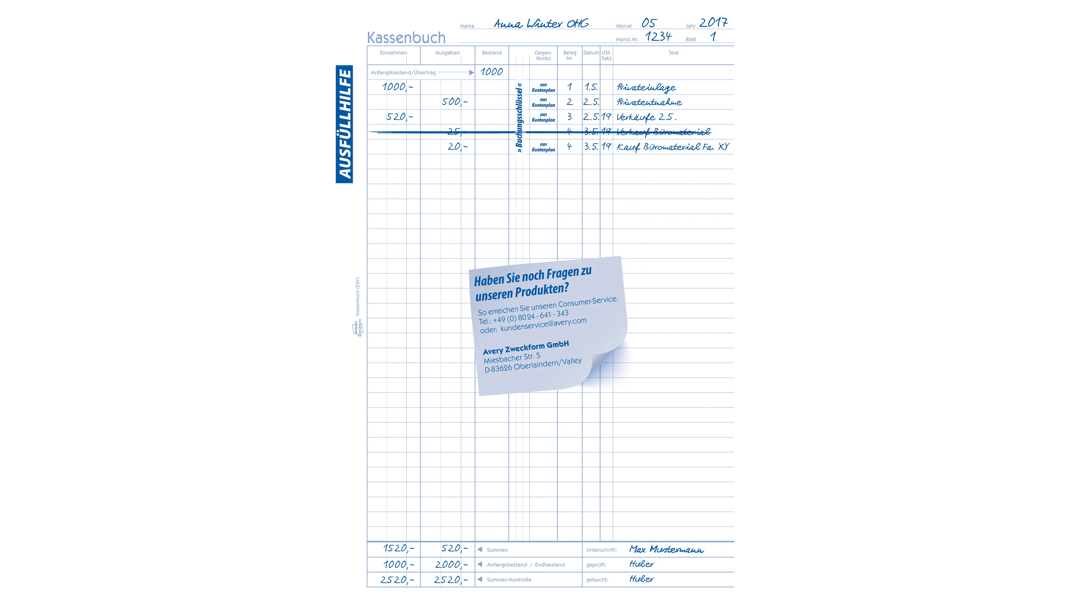 AVERY ZWECKFORM Kassenbuch DIN A4  2 x 40 Blatt