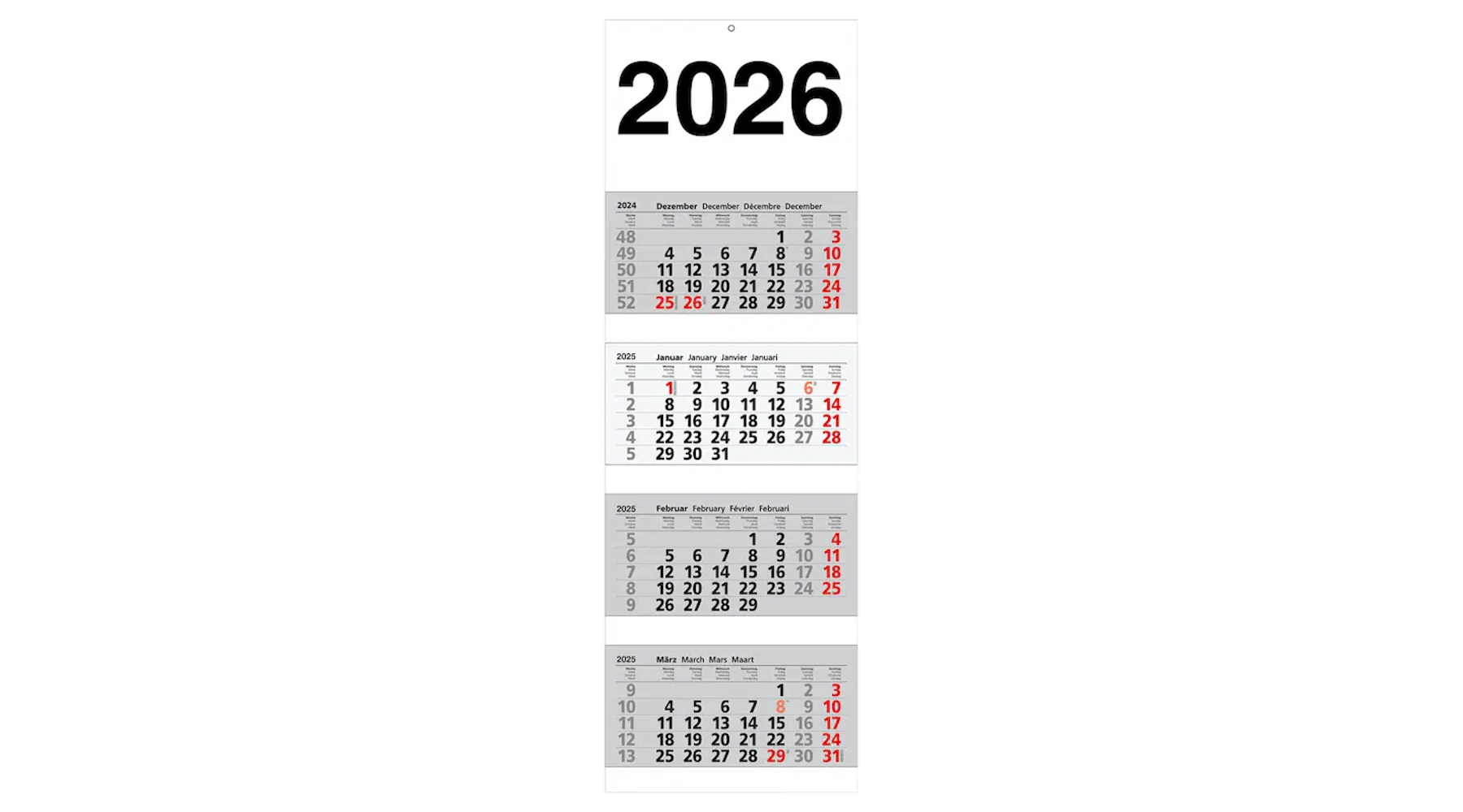 4-Monats-Wandkalender 2026 32 x 97 cm (B x H) mit Datumsschieber schwarz/rot