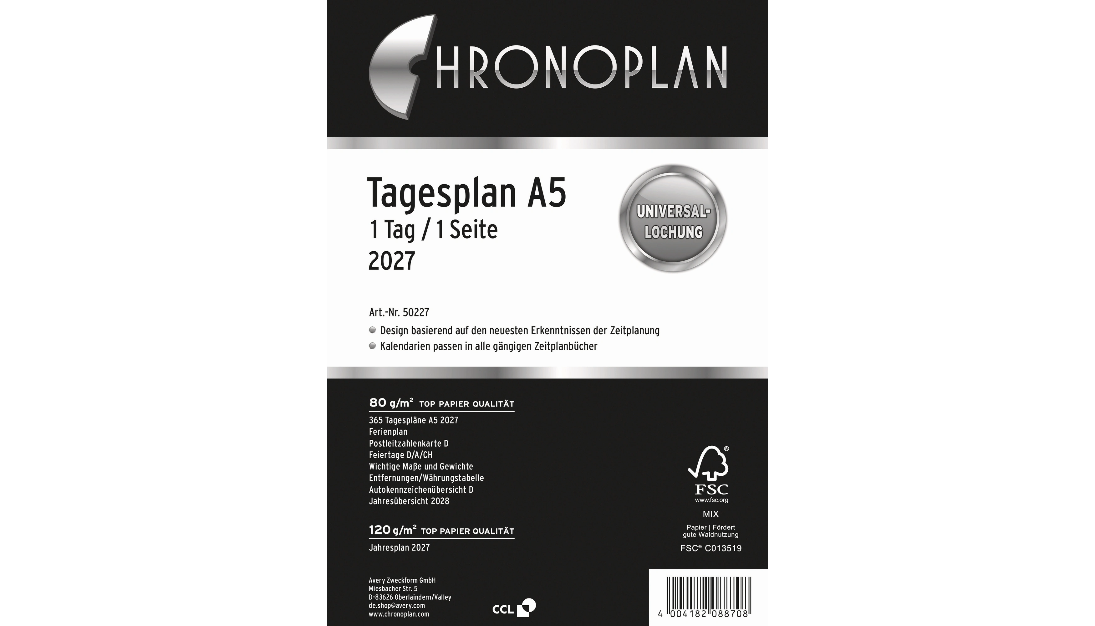 CHRONOPLAN Einlage Kalender 2027 DIN A5 1 Tag/1 Seite 148 x 210 mm (B x H) weiß