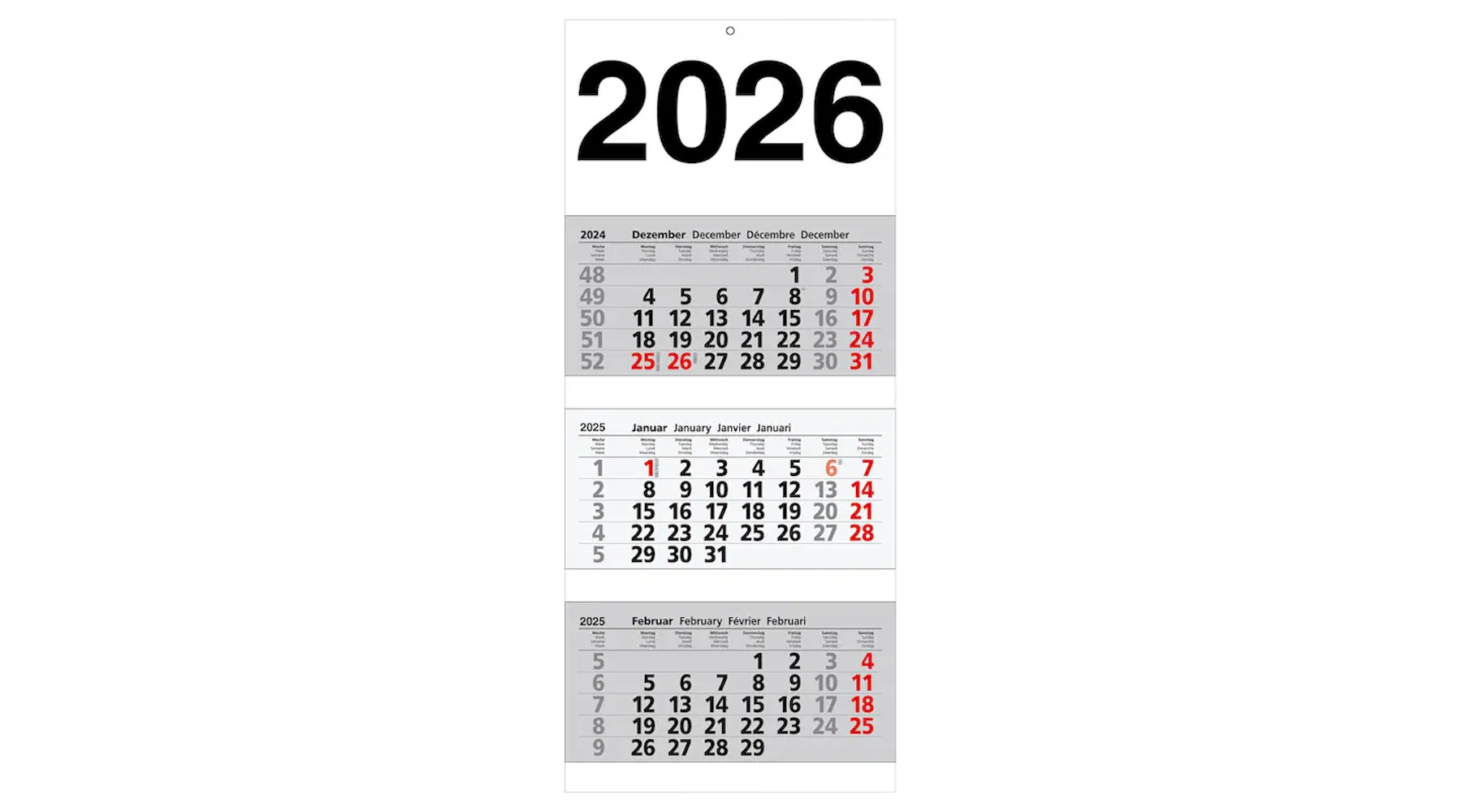 3-Monats-Wandkalender 2026 30 x 70 cm (B x H) mit Datumsschieber schwarz/rot