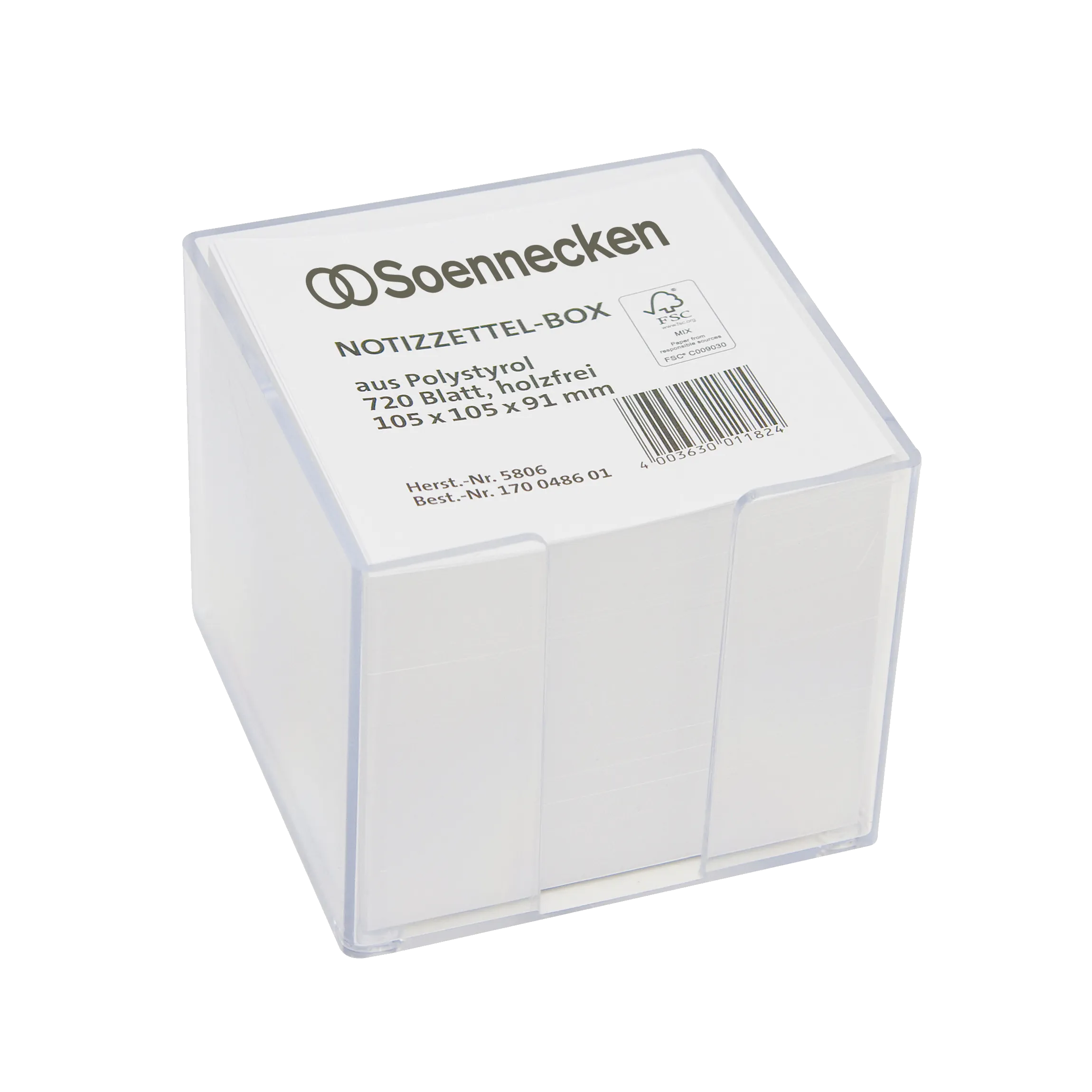 SOENNECKEN Zettelbox 10,5 x 10,5 x 9,1 cm (B x H x T)  720 Blatt gefüllt Kunststoff transparent