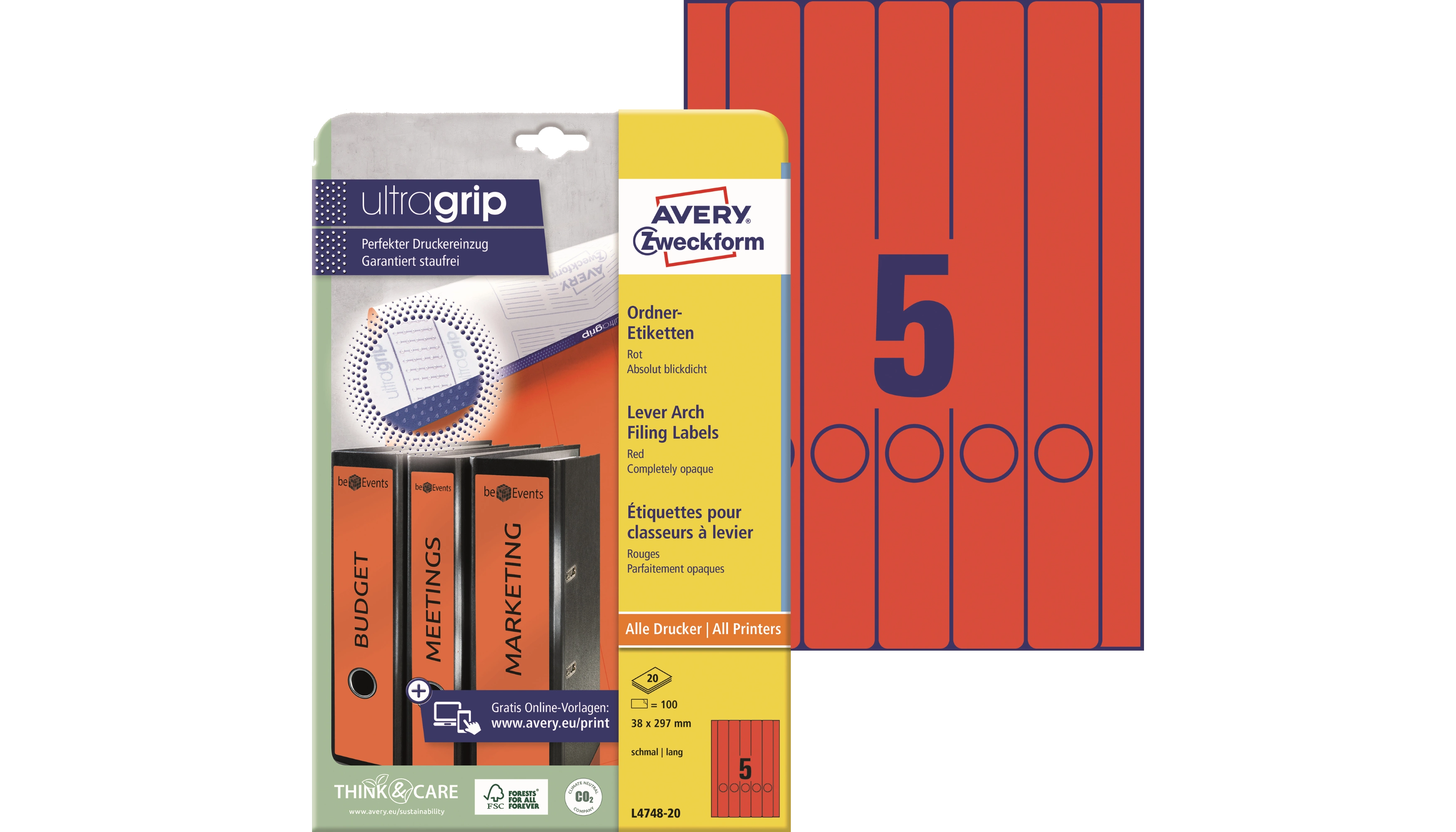 AVERY ZWECKFORM Ordnerrückenetikett ultragrip  schmal/lang 38 x 297 mm (B x H) 100 Etiketten/Pack rot