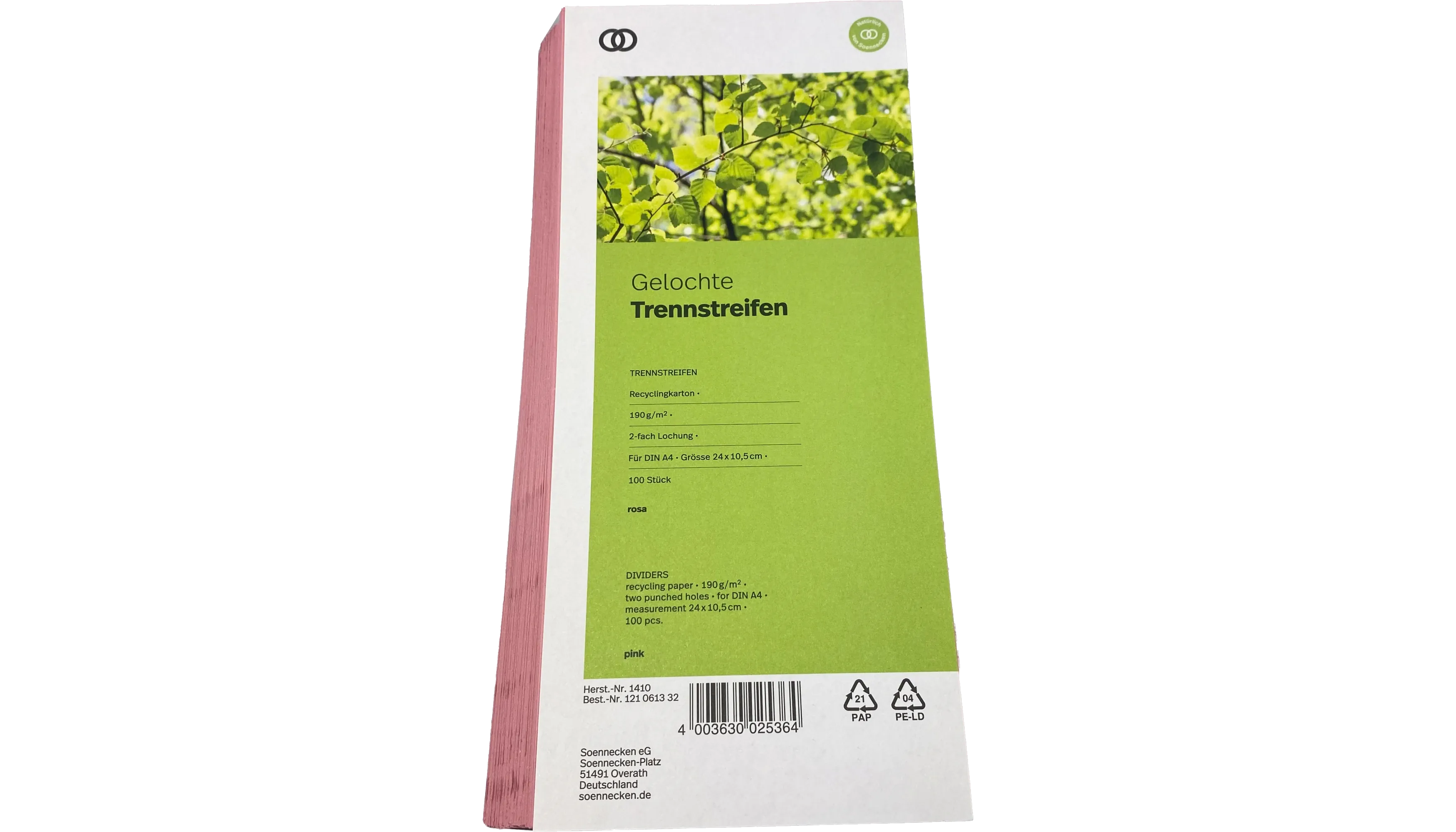 SOENNECKEN Trennstreifen oeco 190 g/m² Recyclingkarton 100 Stück/Pack rosa
