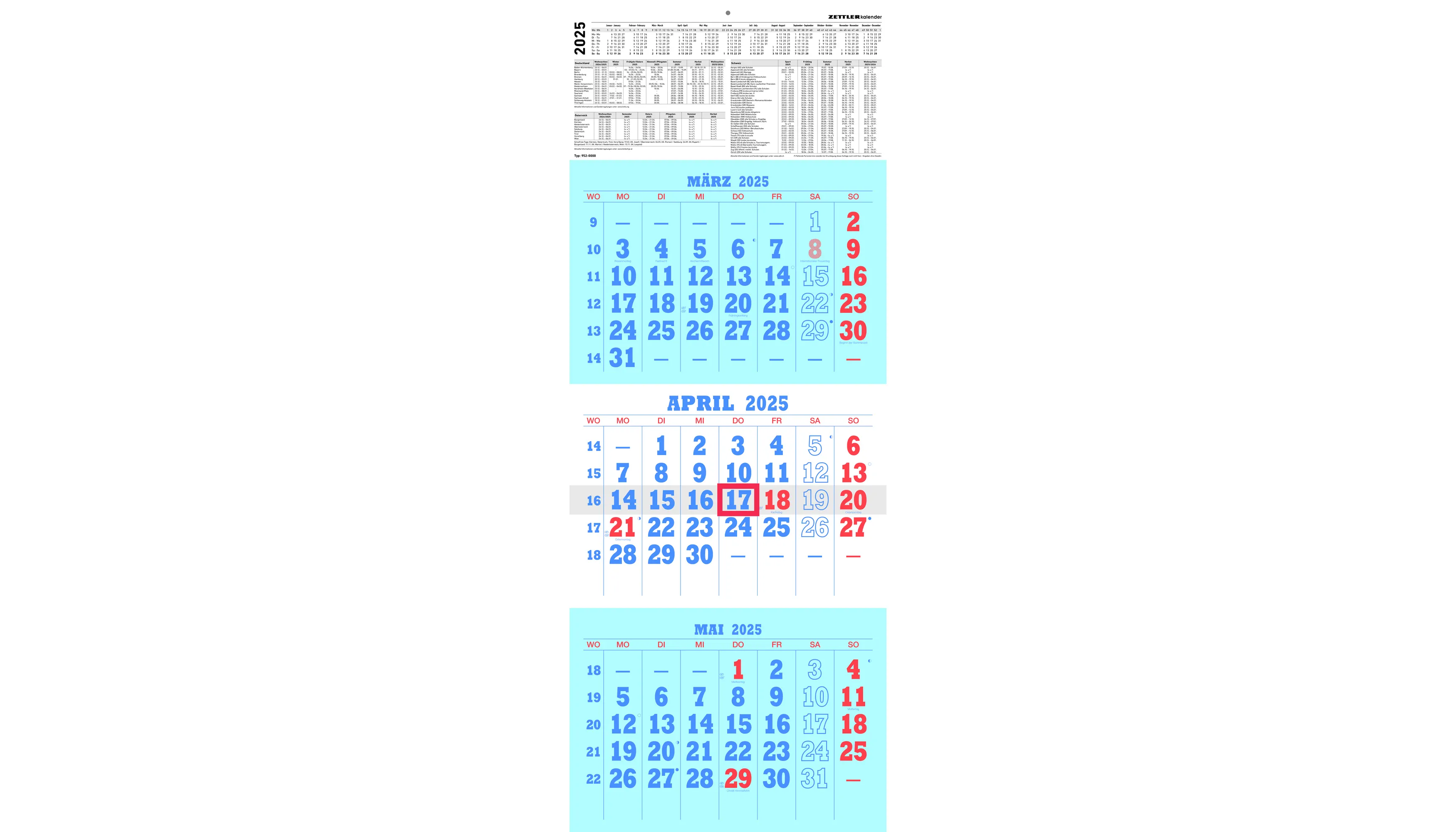 ZETTLER Wandkalender 3 Monate/1 Seite  29,7 x 78 cm (B x H)