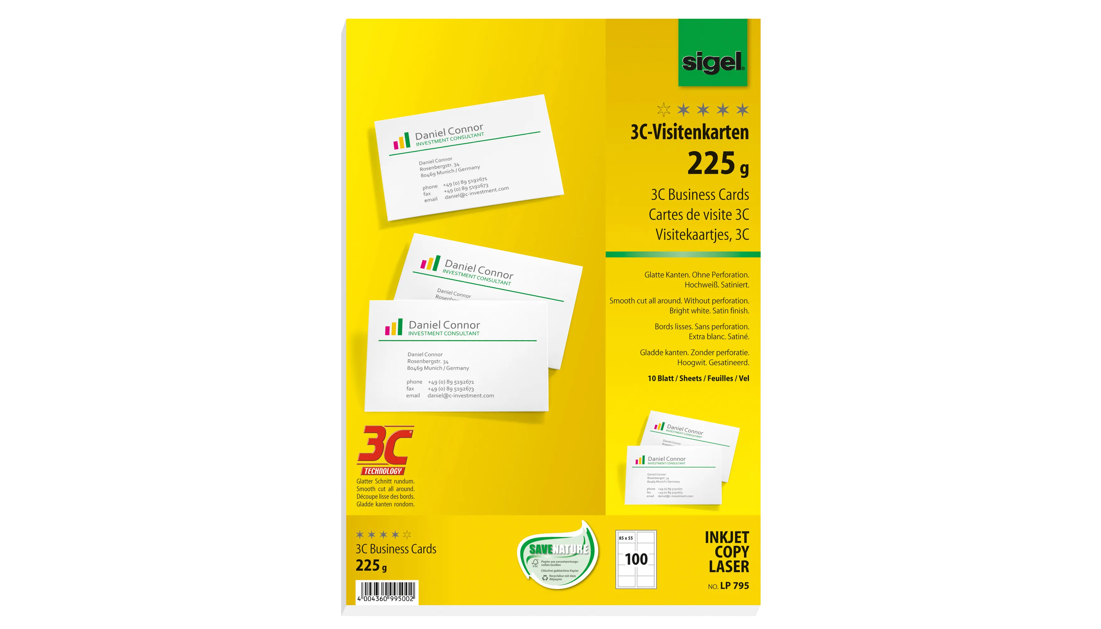 SIGEL Visitenkarten 225 g/m² ohne abgerundete Ecken 100 St./Pack.