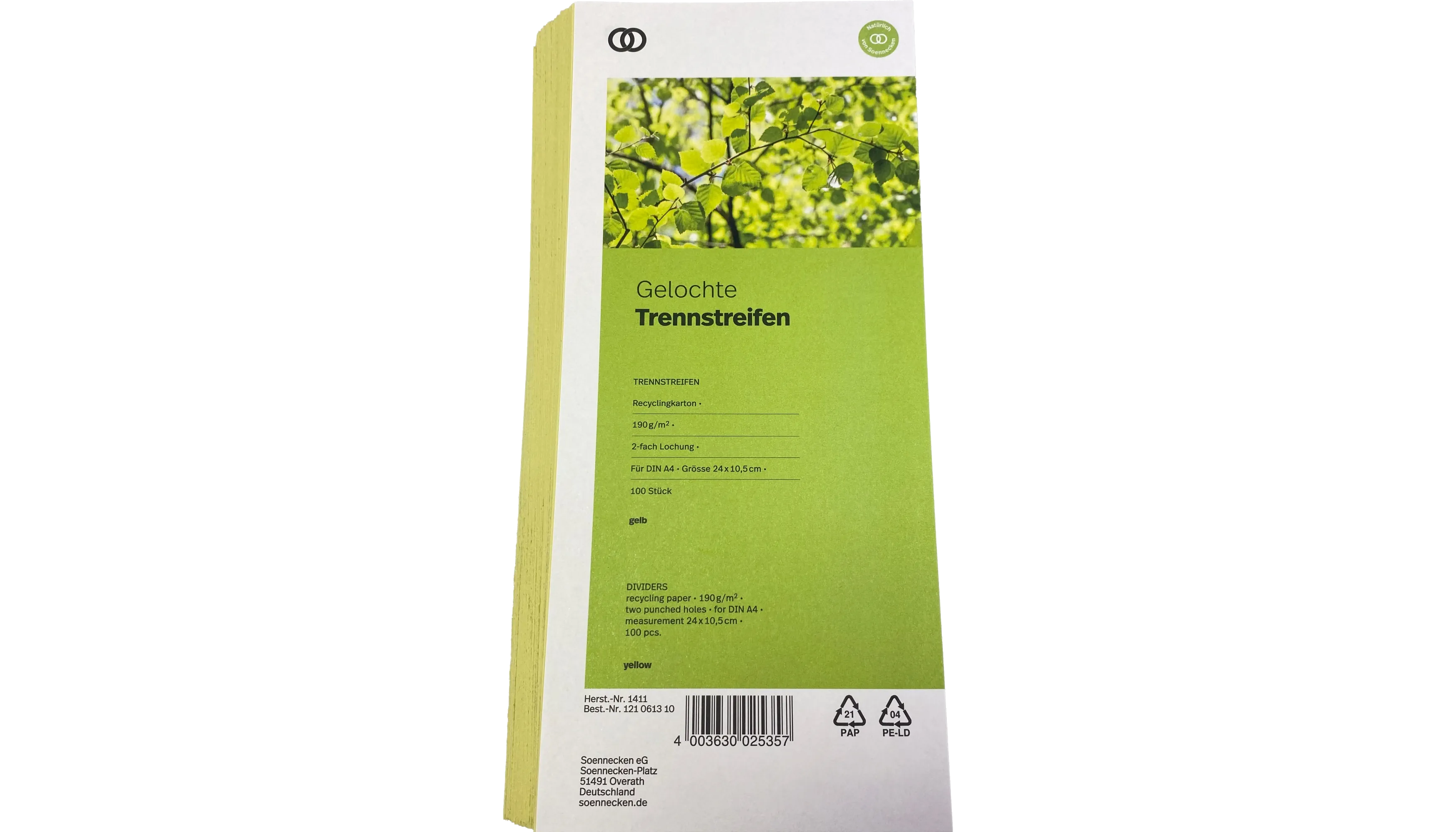 SOENNECKEN Trennstreifen oeco 190 g/m² Recyclingkarton 100 Stück/Pack gelb