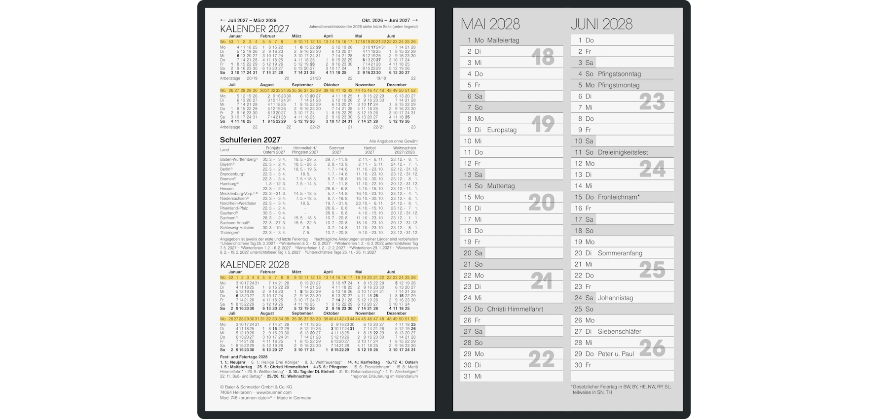 BRUNNEN Taschenkalender 746 2027 1 Monat/2 Seiten 8,7 × 15,3 cm (B x H) Kunststoff schwarz