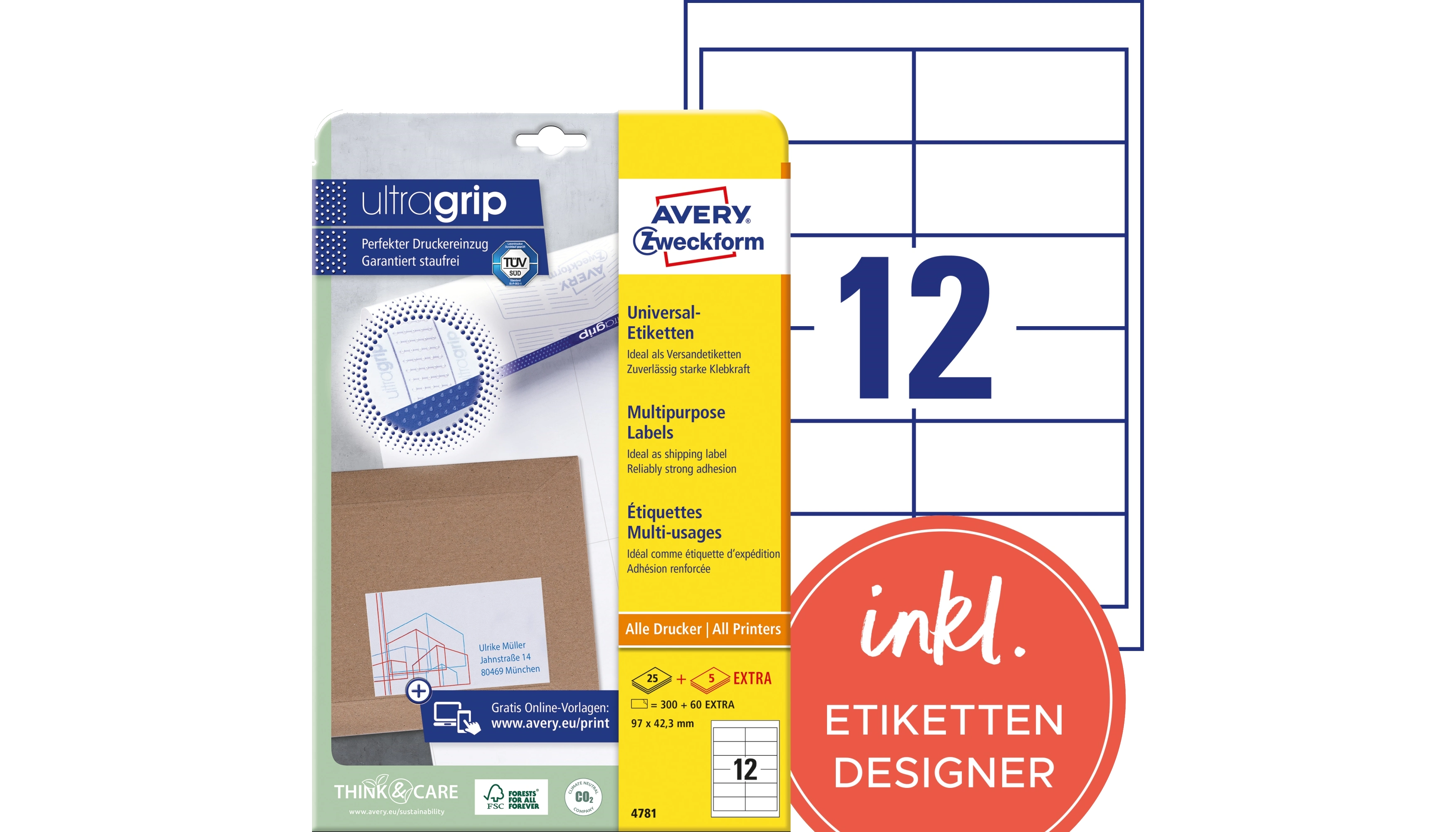 AVERY ZWECKFORM Universaletikett ultragrip 97 x 42,3 mm 360 Etiketten/Pack weiß