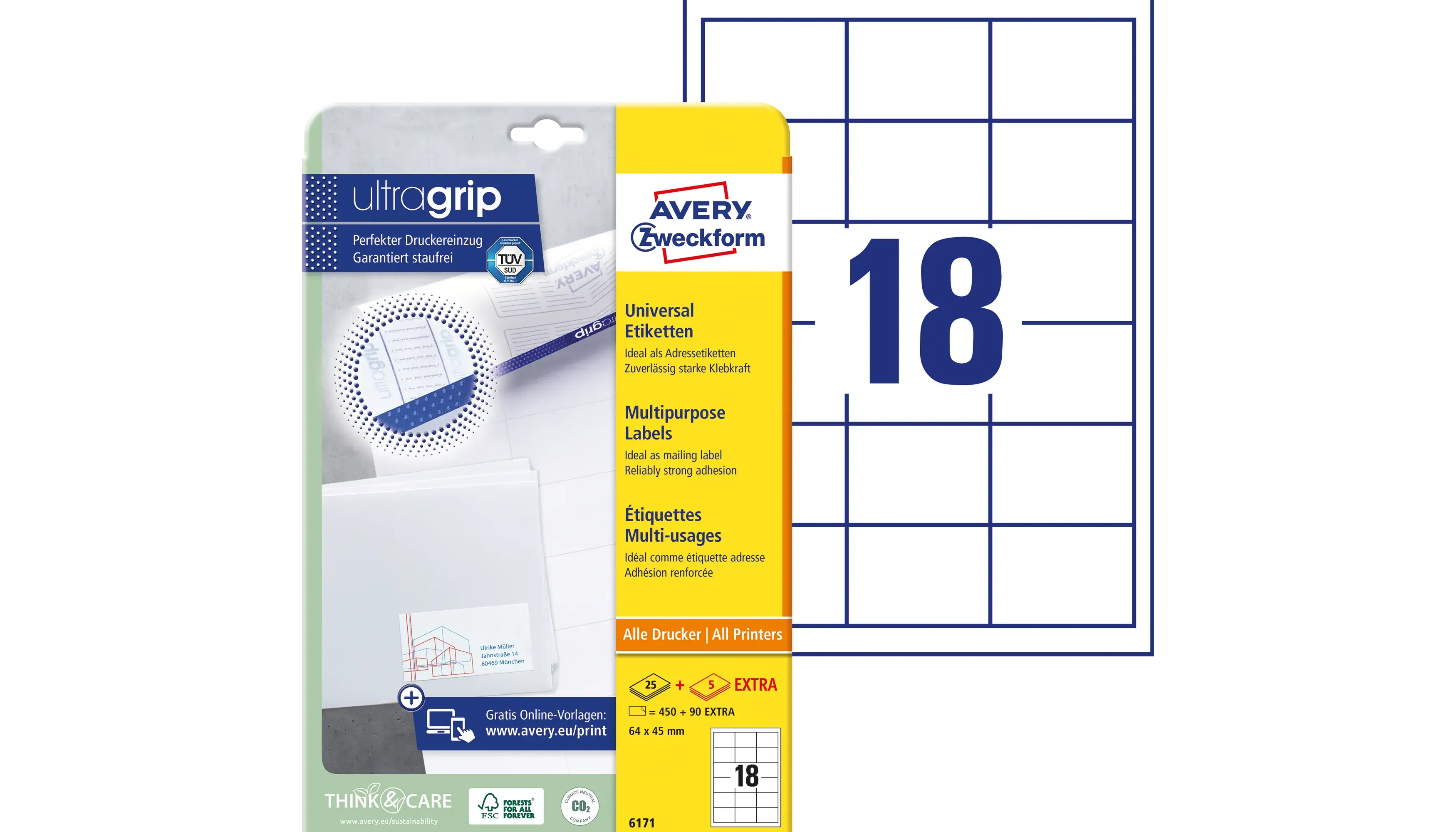 AVERY ZWECKFORM Universaletikett ultragrip 64,0 x 45,0mm 540 Etiketten/Pack weiß