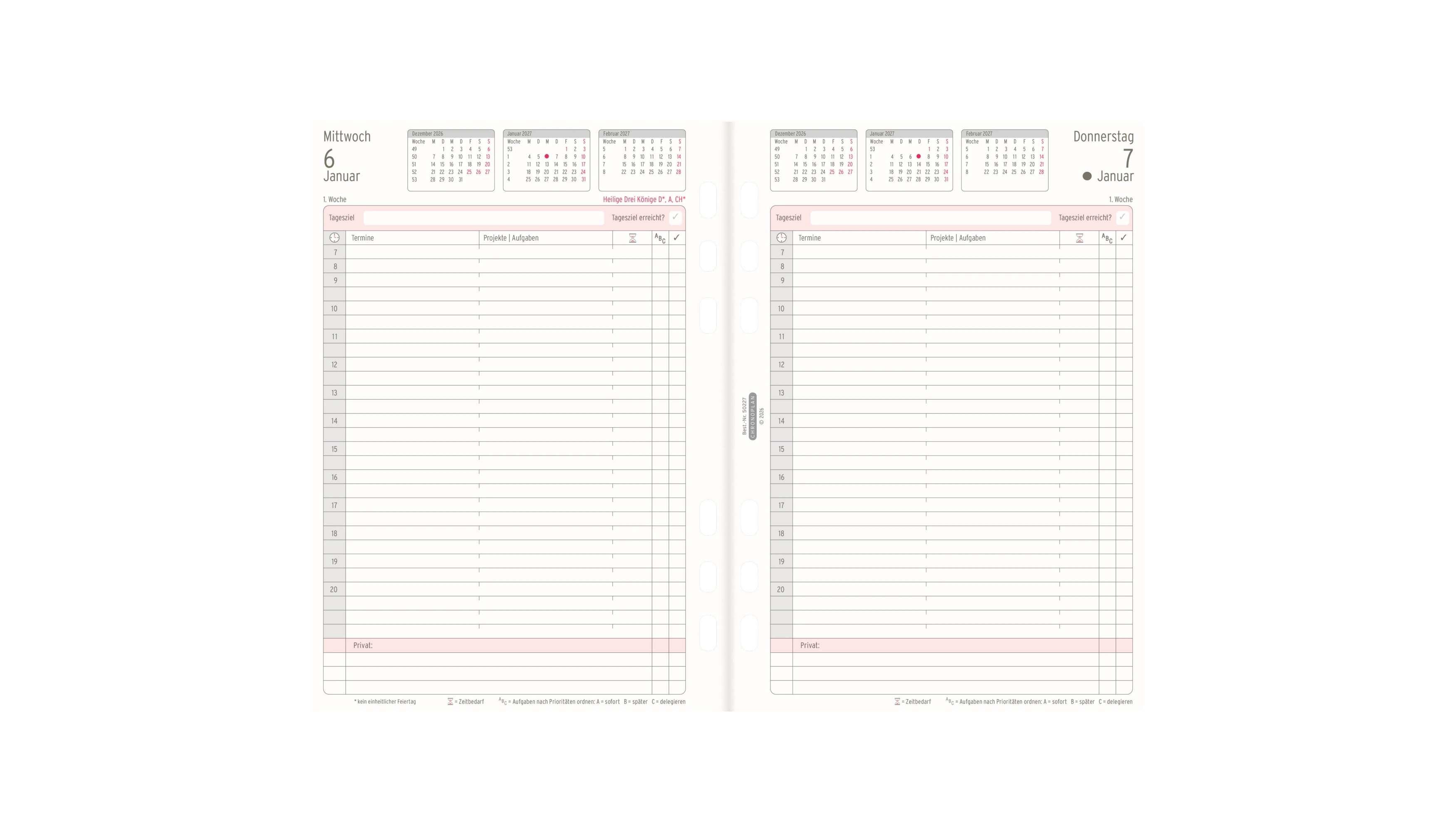 CHRONOPLAN Einlage Kalender 2027 DIN A5 1 Tag/1 Seite 148 x 210 mm (B x H) weiß