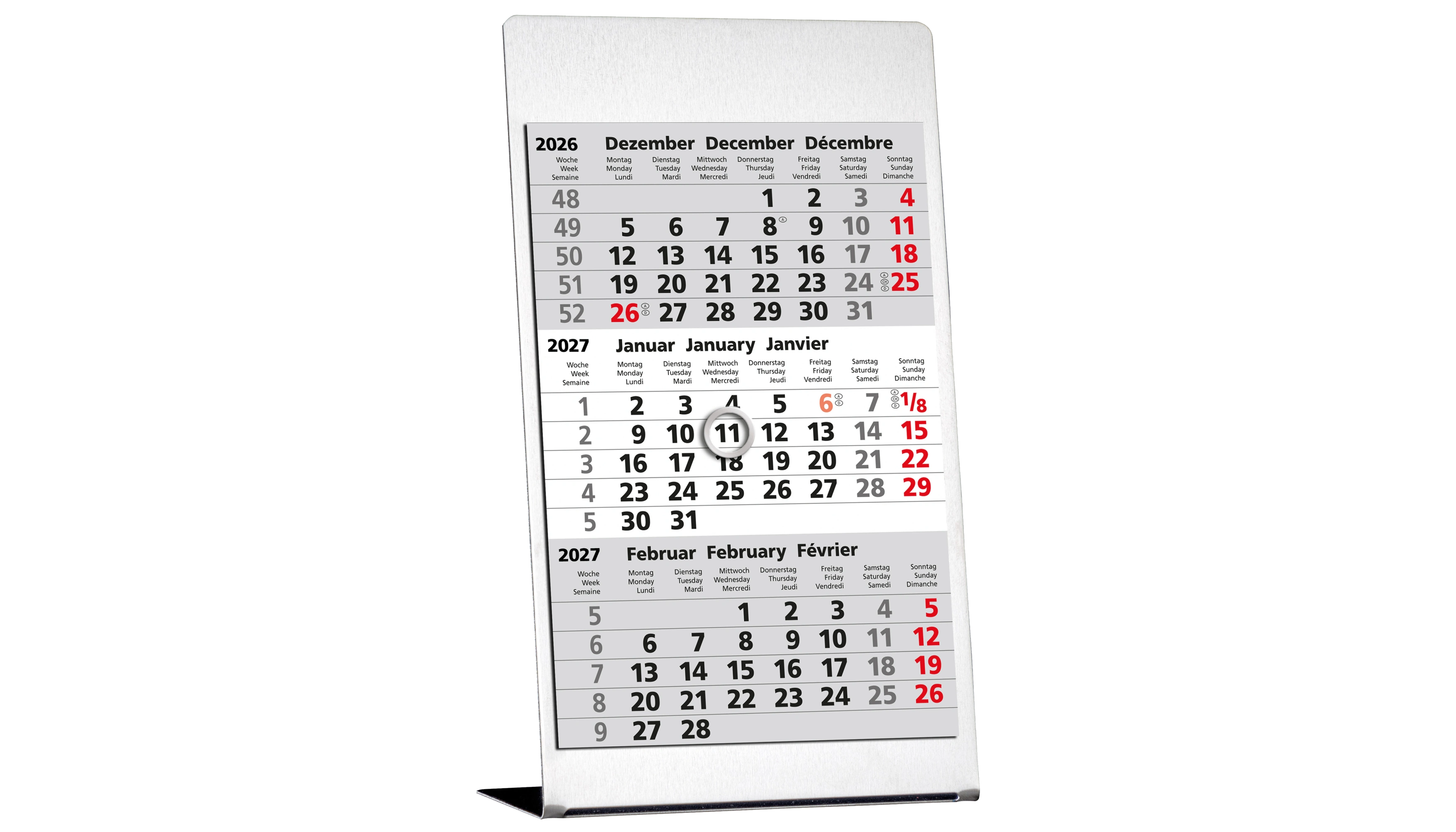 GÜSS® Tischkalender 2027 3 Monate/1 Seite 10,5 x 18 cm (B x H) Edelstahl silber