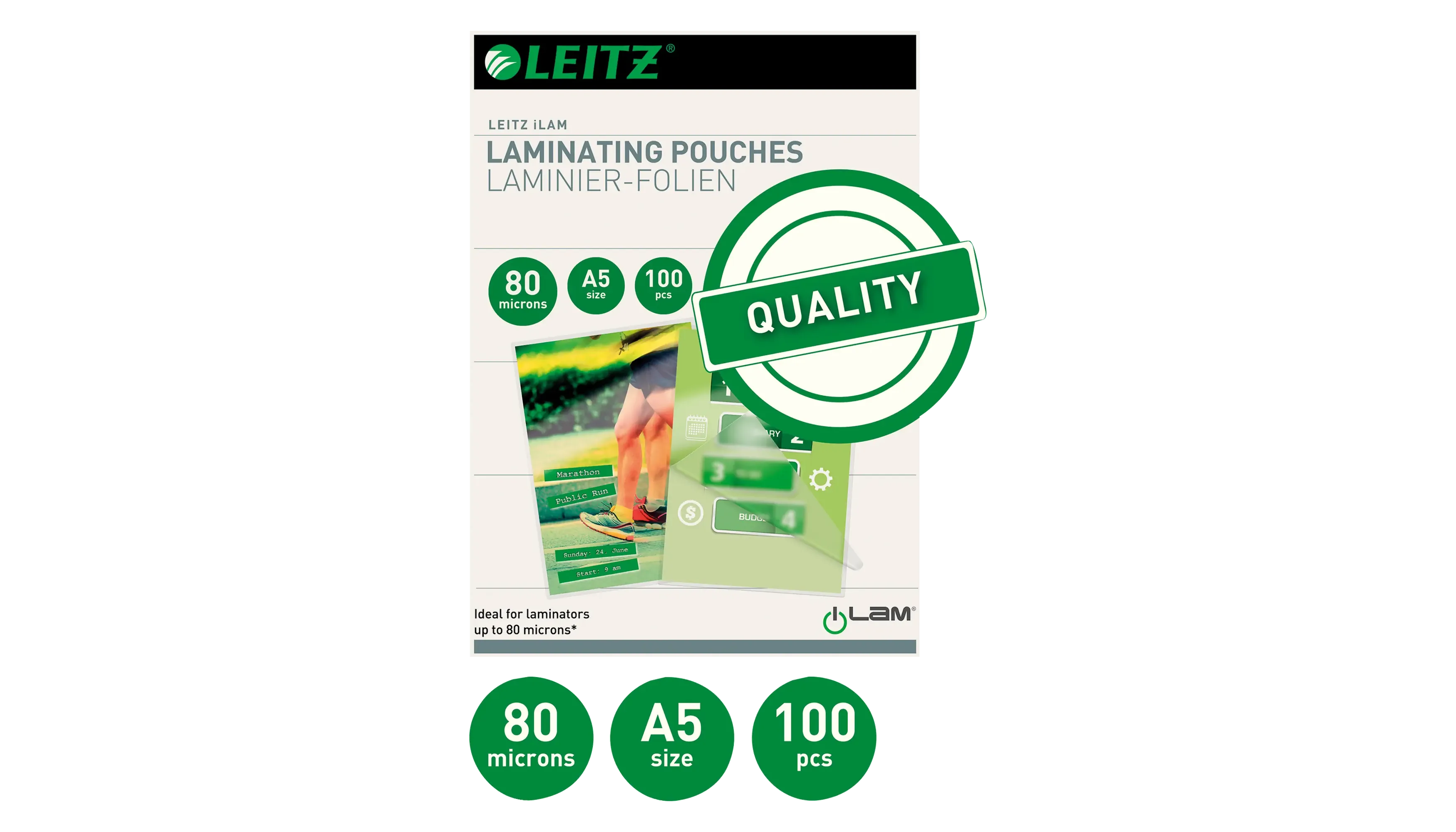 LEITZ Laminierfolie DIN A5 glanzend transparent 80 micron 100 Stück pro Packung