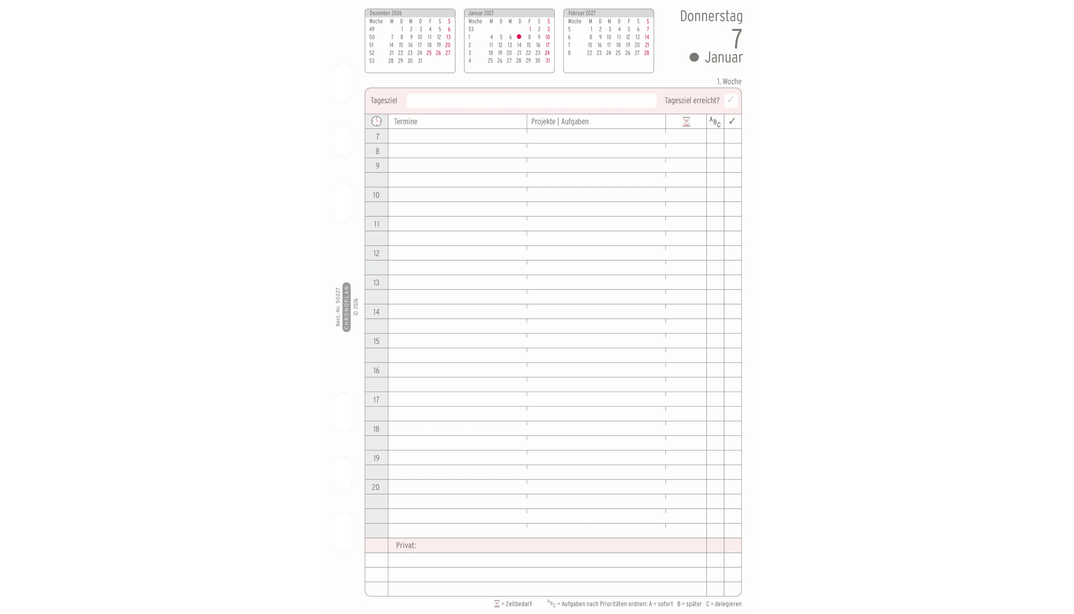 CHRONOPLAN Einlage Kalender 2027 DIN A5 1 Tag/1 Seite 148 x 210 mm (B x H) weiß