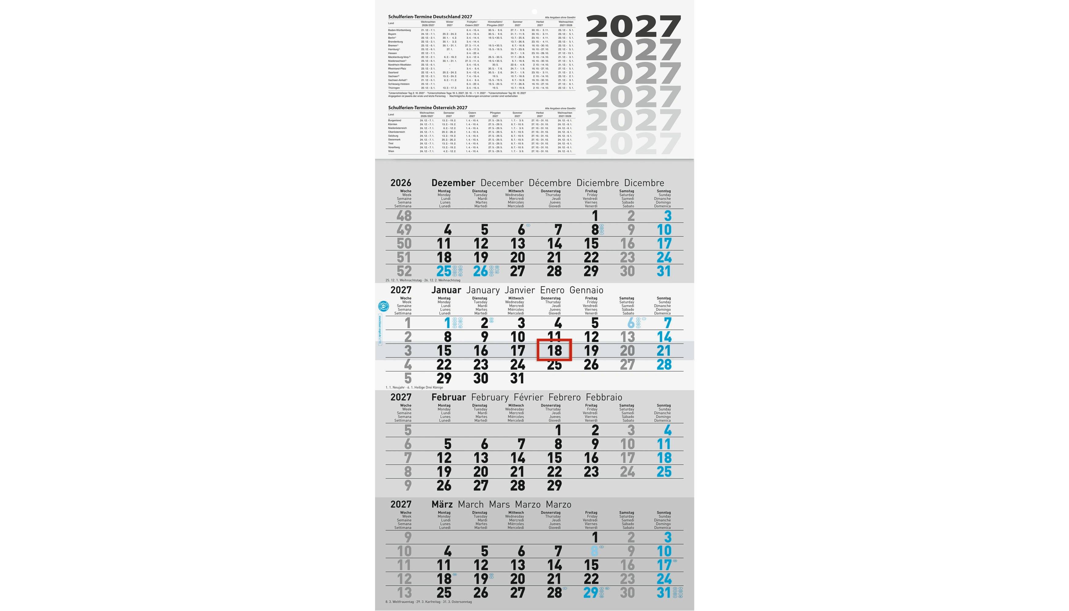 GLOCKEN Wandkalender 2027 4 Monate/1 Seite  30 x 55,5 cm (B x H) schwarz/blau