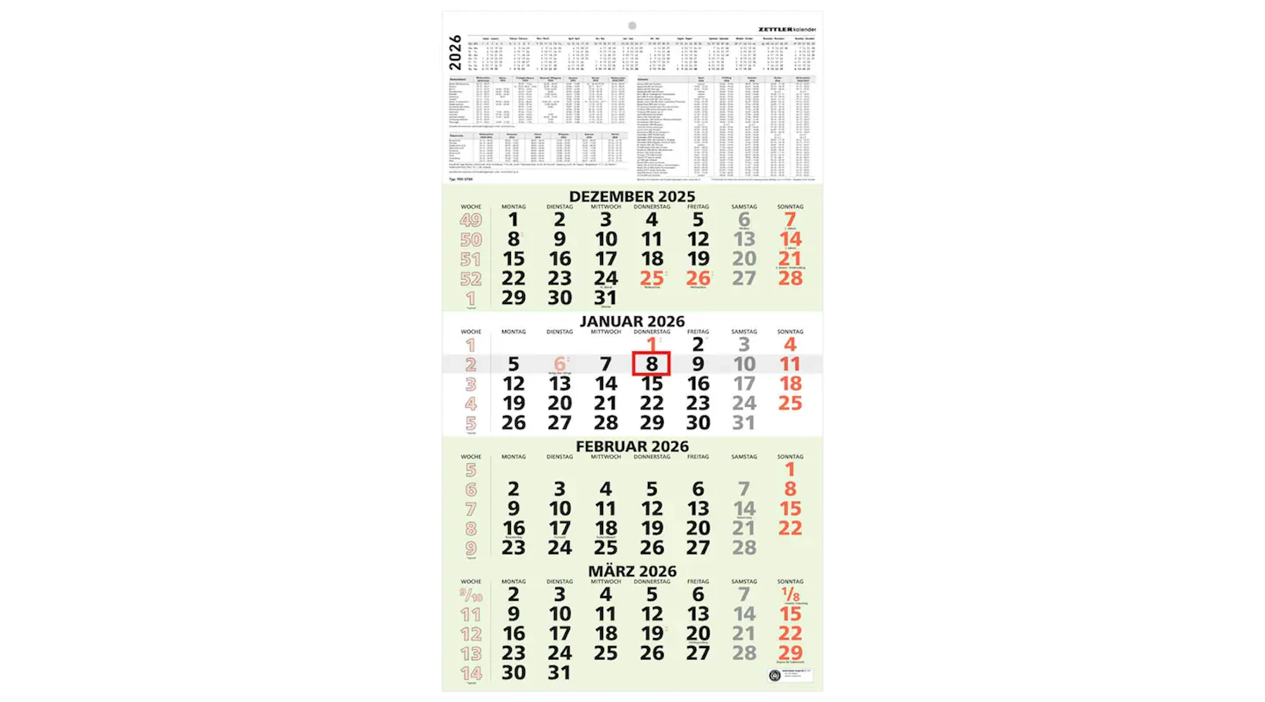 ZETTLER Wandkalender 2026 4 Monate/1 Seite 33 x 58,5 cm (B x H) schwarz/rot/grün