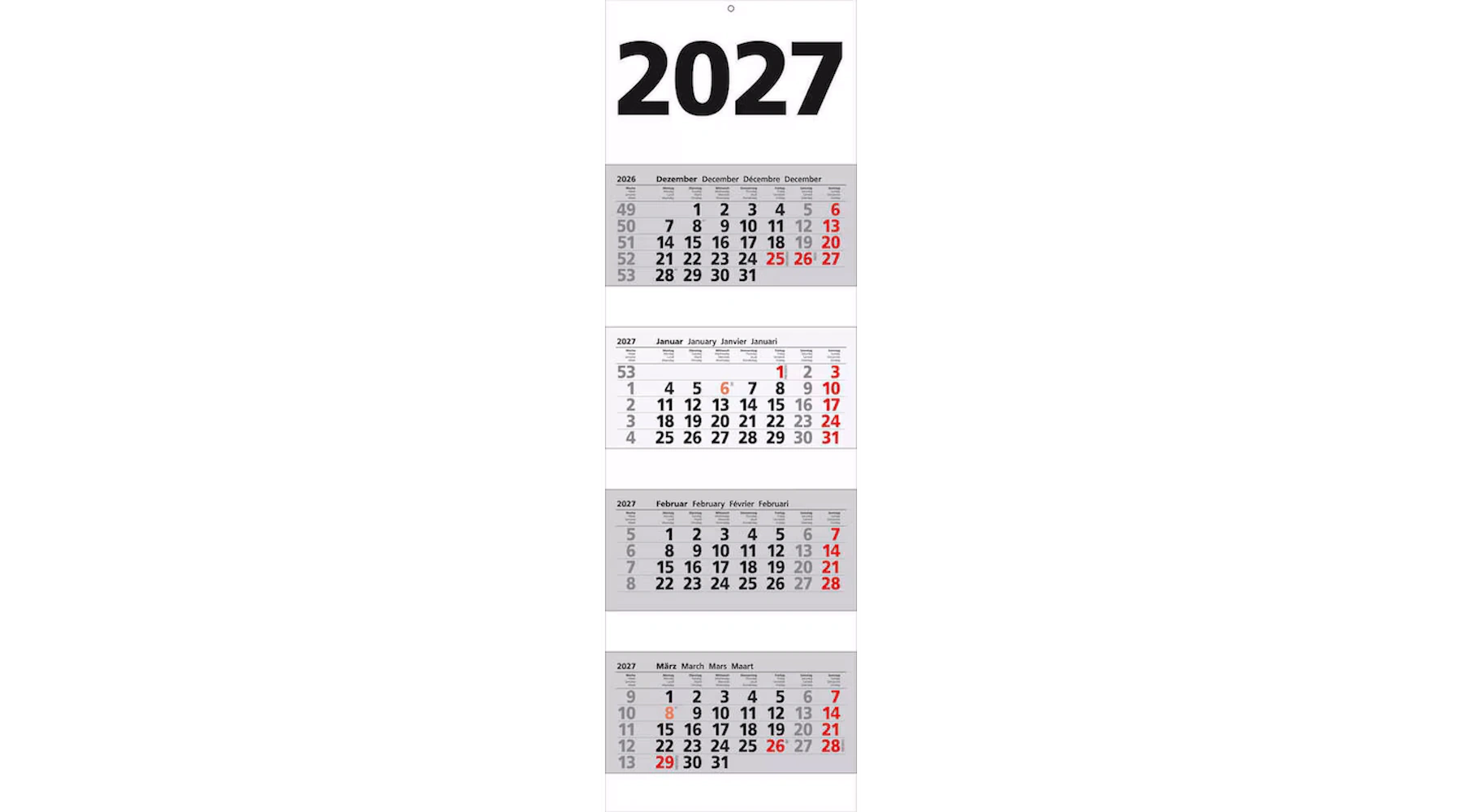 4-Monats-Wandkalender 2027 32 x 97 cm (B x H) mit Datumsschieber schwarz/rot