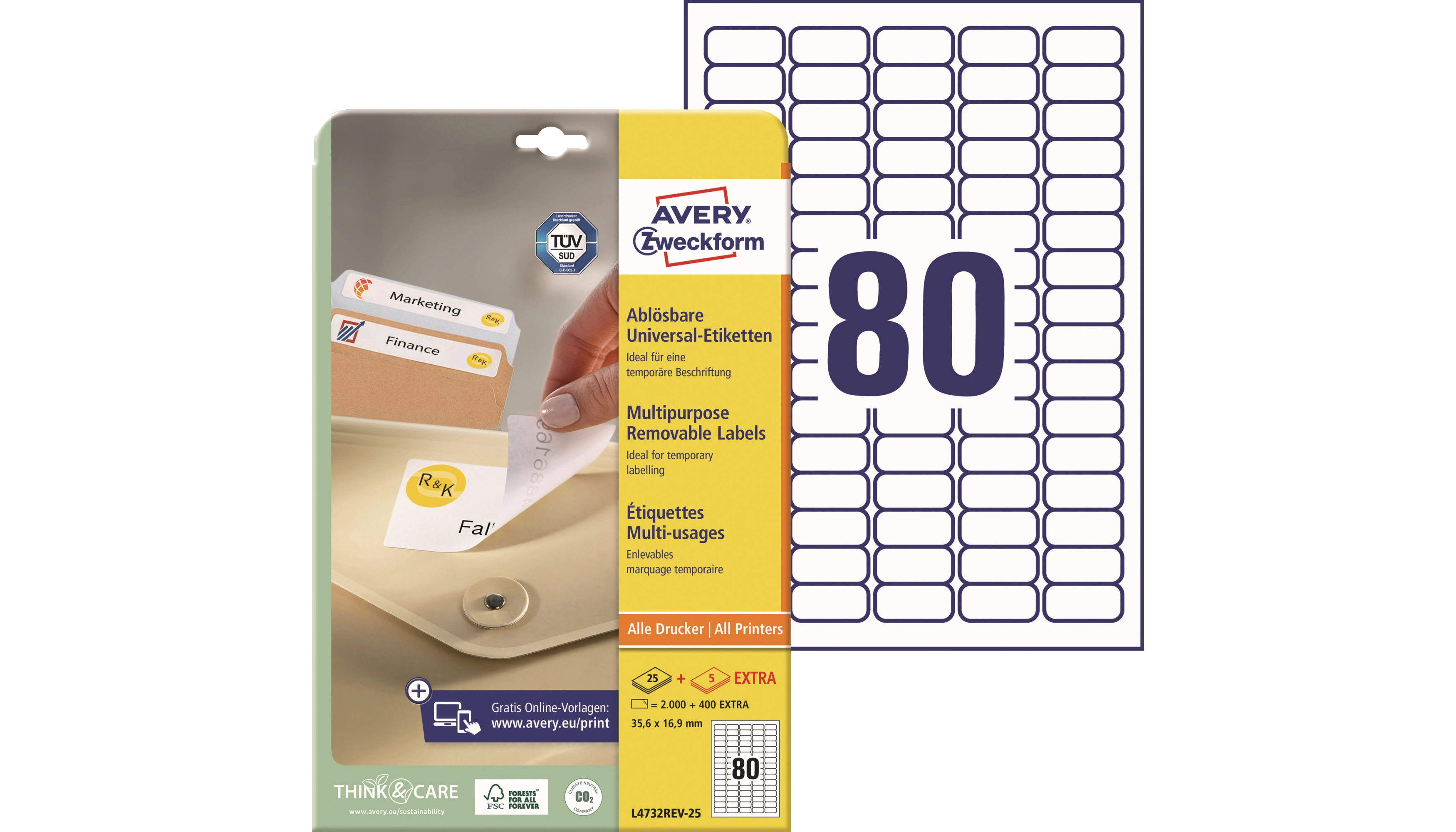 AVERY ZWECKFORM Universaletikett ablösbar  35,6 x 16,9 mm 2.400 Etiketten/Packung weiß