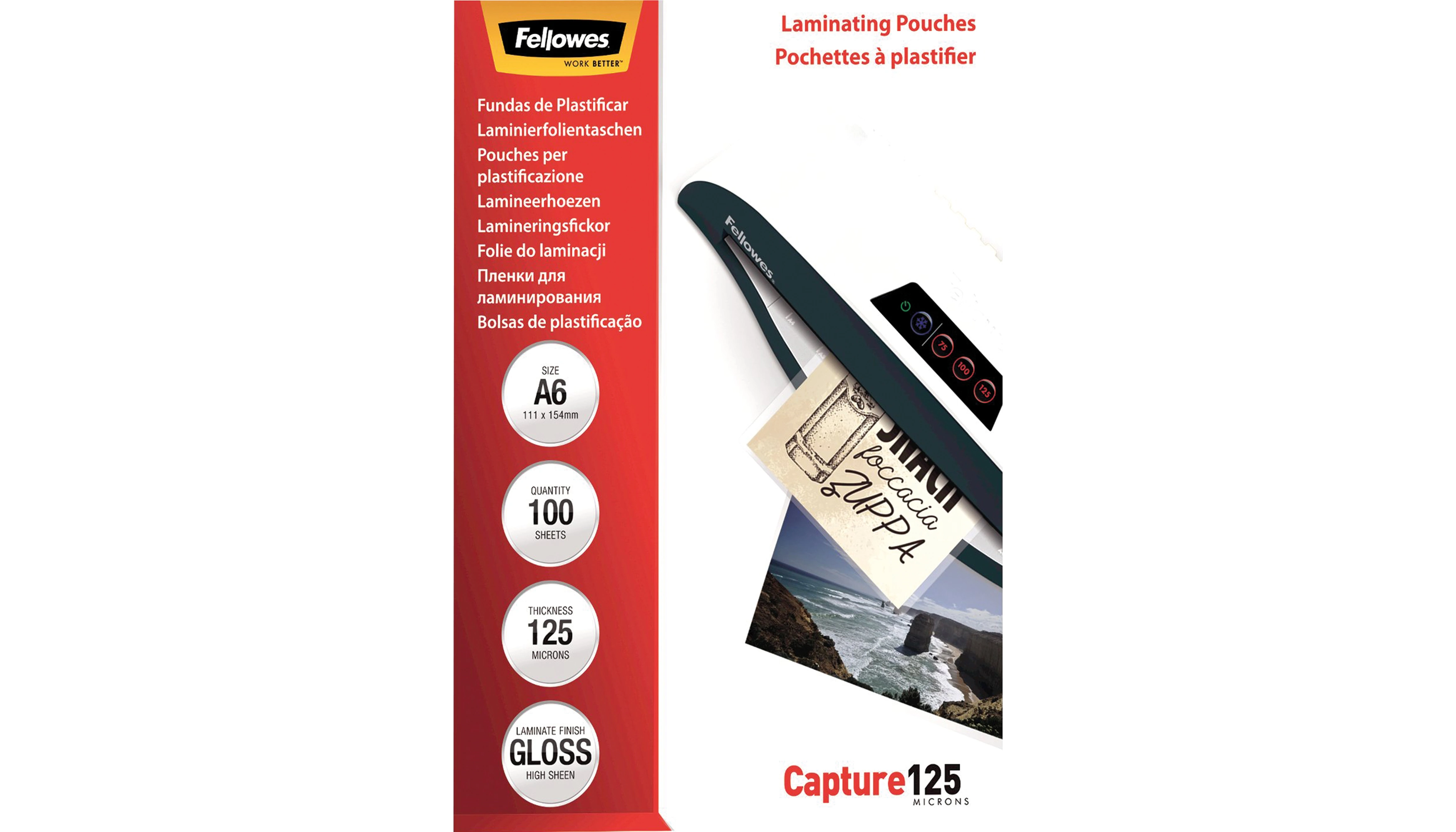 FELLOWS® Laminierfolie Capture 125 DIN A6 125 micron transparent glänzend 100 Stück/Pack FELLOWS® Laminierfolie Capture 125 DIN A6 125 micron transparent glänzend 100 Stück/Pack