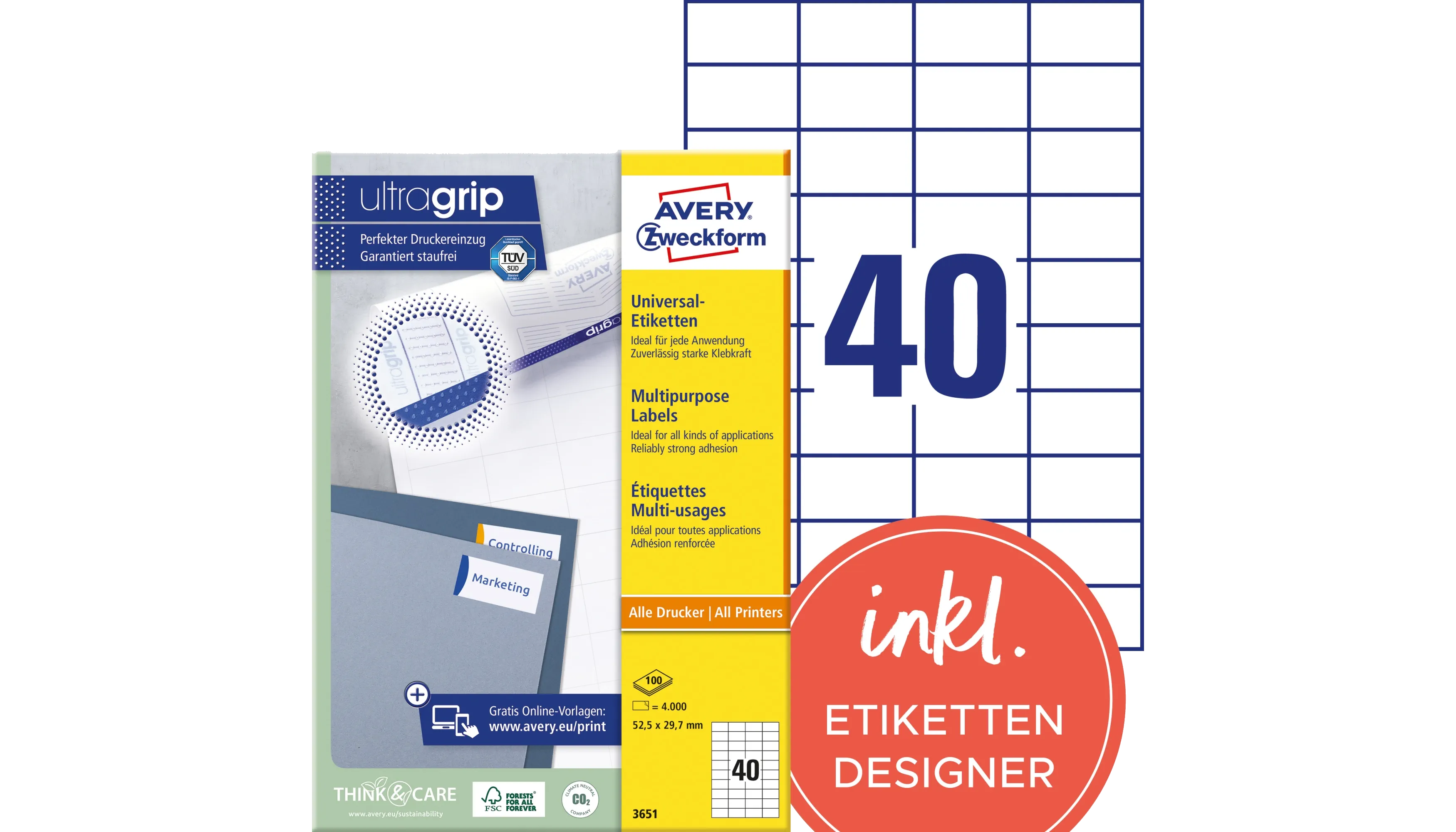 AVERY ZWECKFORM Universaletikett ultragrip weiß 52,5 x 29,7 mm (B x H) 4.000 Stück/Pack