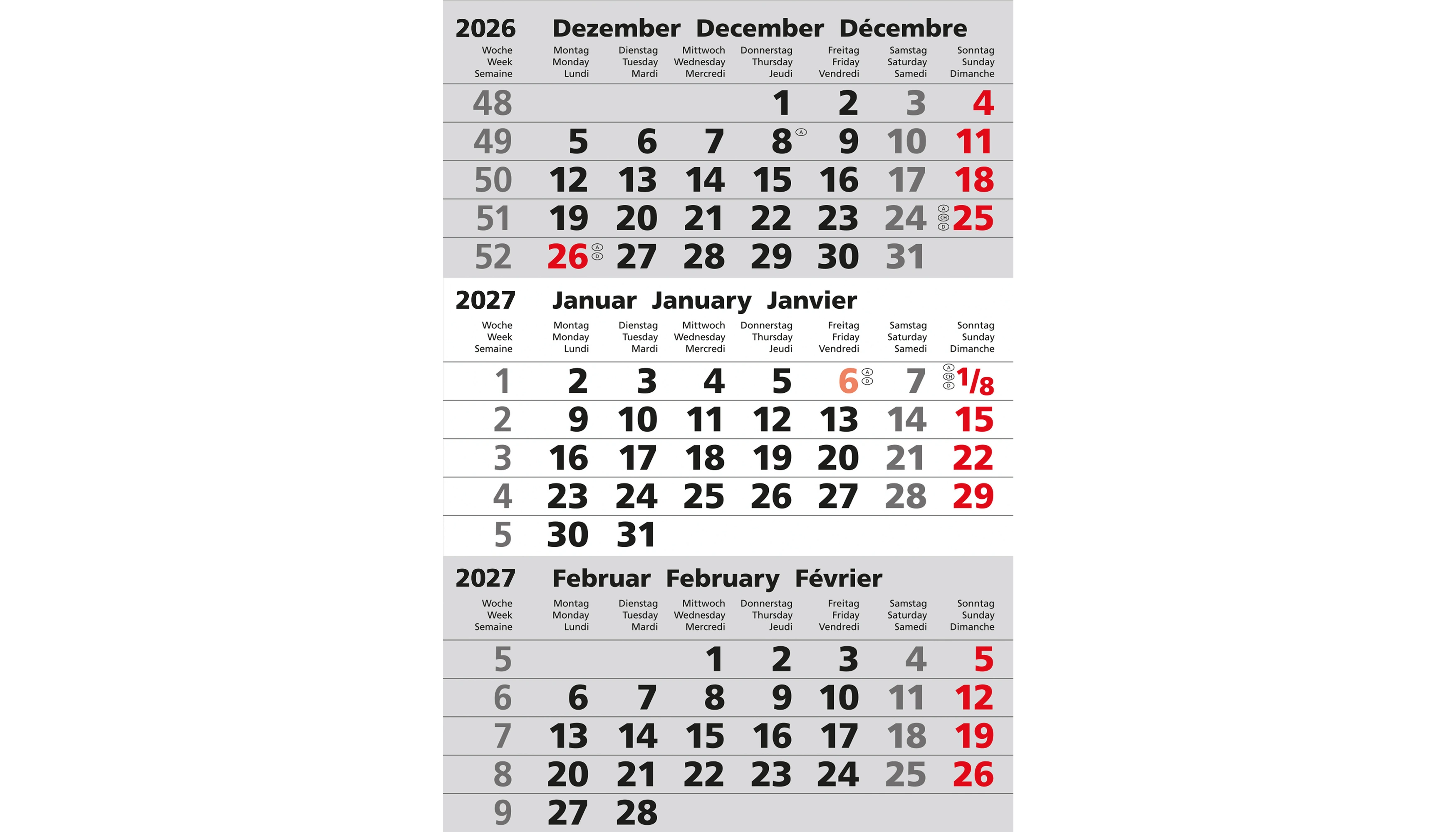 GÜSS® Tischkalender 2027 3 Monate/1 Seite 10,5 x 18 cm (B x H) Edelstahl silber