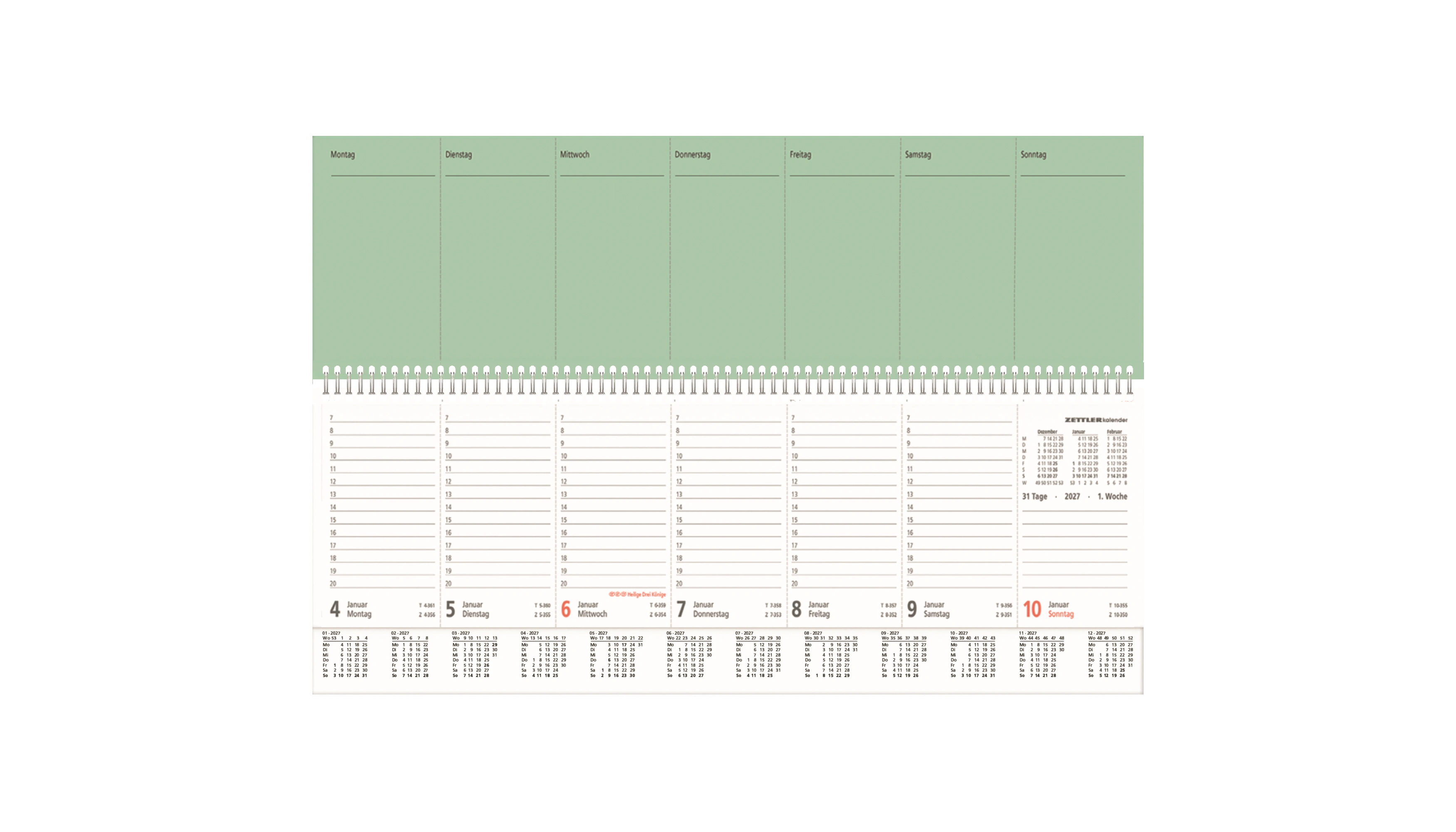 ZETTLER Querkalender PERFO XL 2027 1 Woche/2 Seiten  36,2 x 13,6 cm (B x H) grün