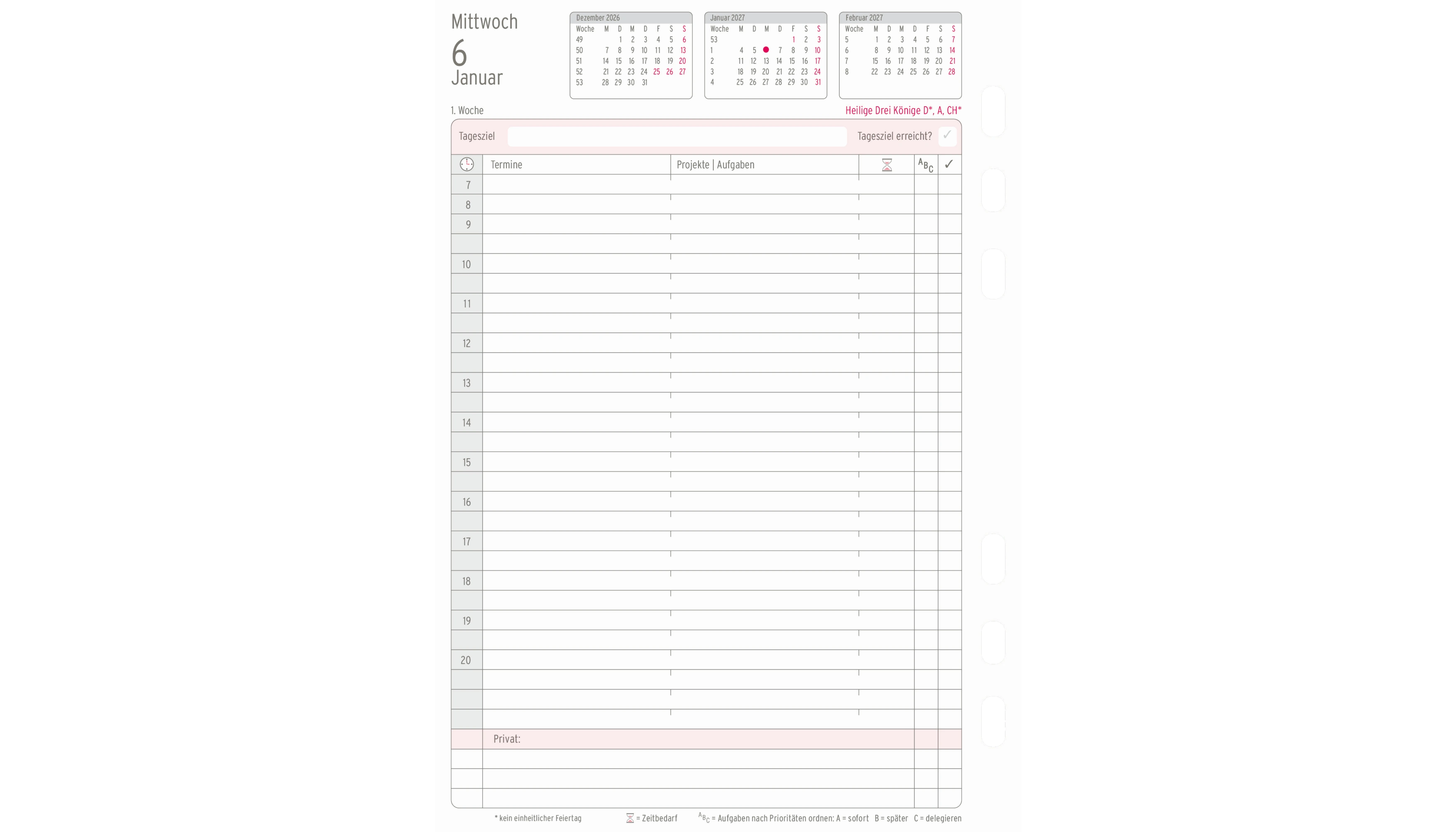 CHRONOPLAN Einlage Kalender 2027 DIN A5 1 Tag/1 Seite 148 x 210 mm (B x H) weiß