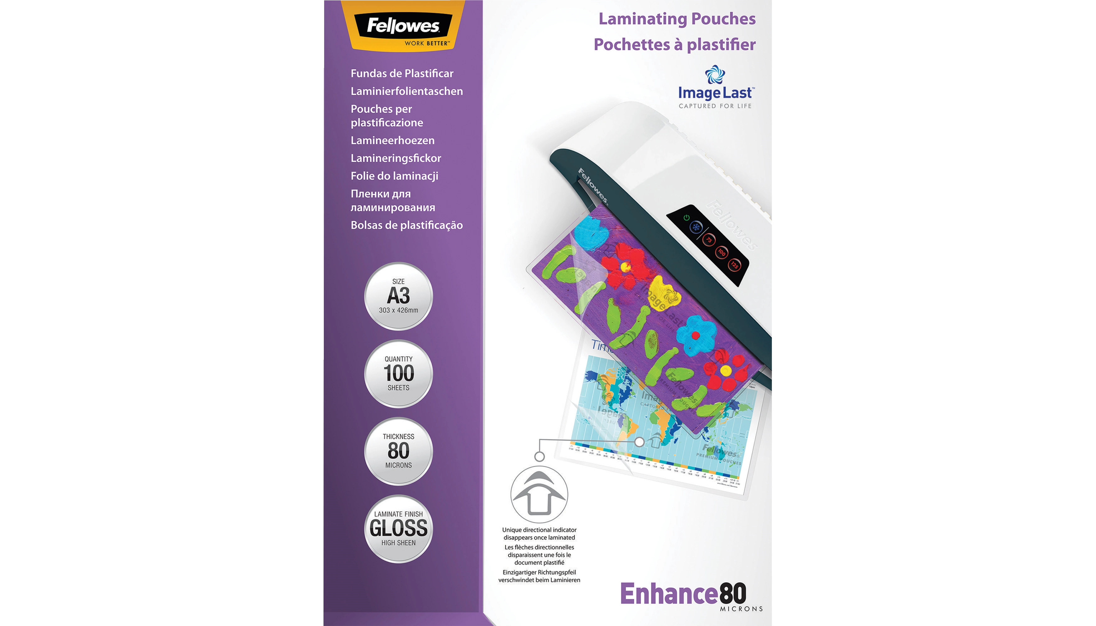 FELLOWES® Laminierfolie ImageLast™ Enhance 80 DIN A3 glänzend 100 Stück/Pack transparent FELLOWES® Laminierfolie ImageLast™ Enhance 80 DIN A3 glänzend 100 Stück/Pack transparent
