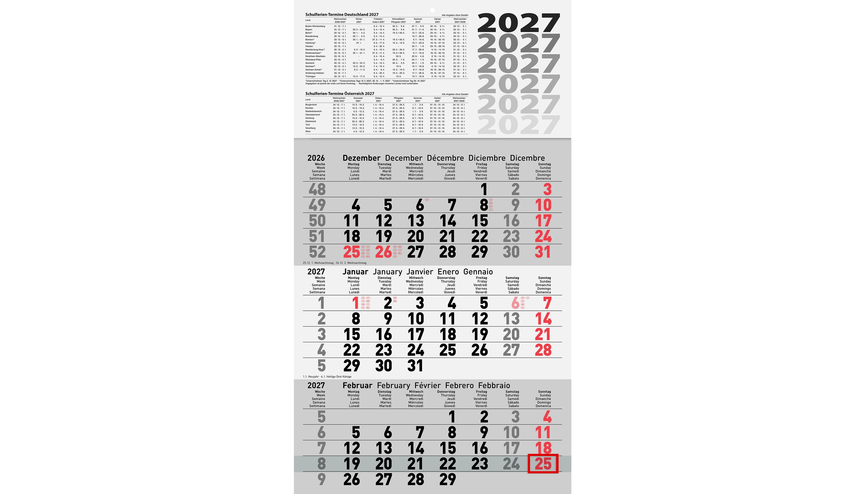 GLOCKEN Wandkalender 2027 3 Monate/1 Seite  30 x 52 cm (B x H) anthrazit/rot
